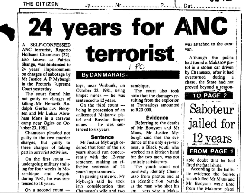 24 years for ANC terrorist, Dan Marais, The Citizen, 7 December 1982